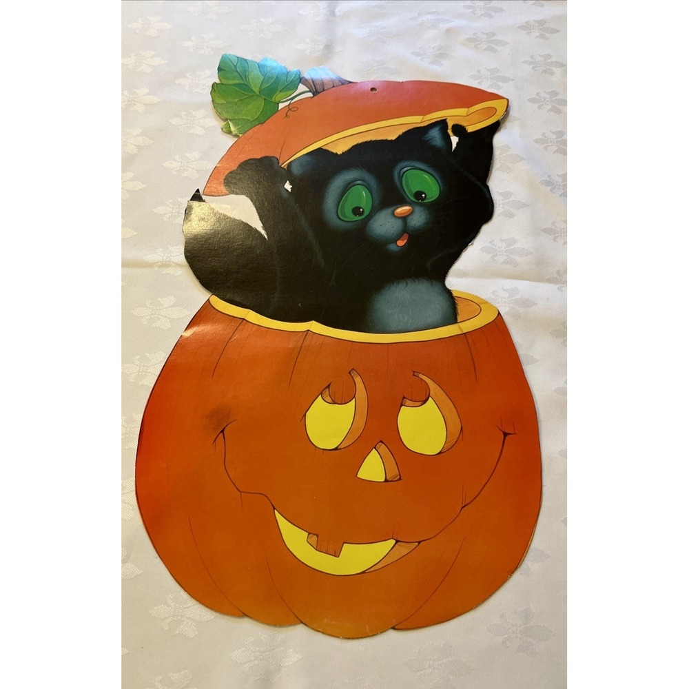 Vintage  Eureka Black Cat in Jack-O'-LanternPumpkin Die-Cut Decoration.